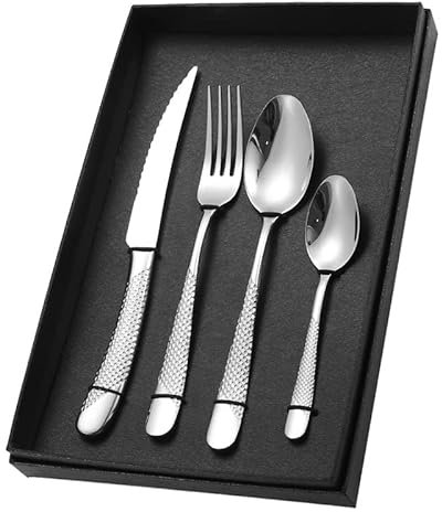 4/16/24/32/40/48 Pieces Thick Stainless Steel Cutlery Set Hotel Steak Knife, Fork and Spoon Four Main Parts Set Box (Silver 48 Pieces for 12)