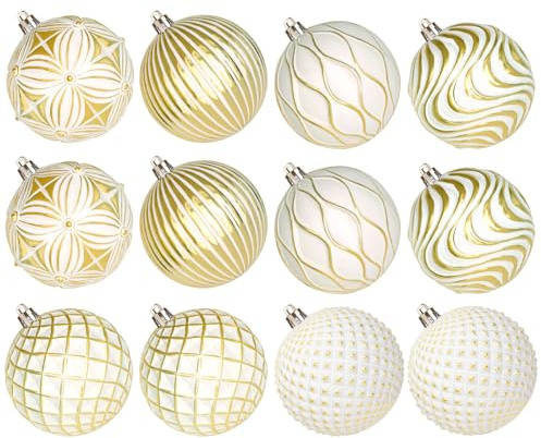 Lanpn 12 Pcs 10cm Bolas de Navidad Grandes, XXL Bola Árbol Navideñas Exterior, Esferas Navidad Inastillable de Relieve Patrón, Adornos Navideña Colgante para Hogar Jardines Patios, Oro & Blanco