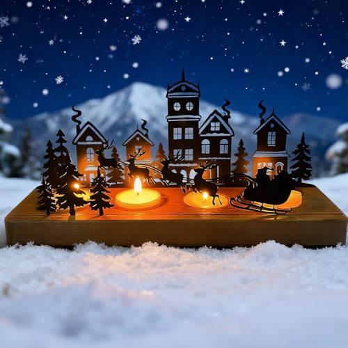 Adventskranz Metall mit Holz Haltern, Advent Teelichthalter für 4 Kerzen, Adventsgesteck aus Metall & Holz, für Weihnachtsdeko Tisch, Advent Kerzenhalter