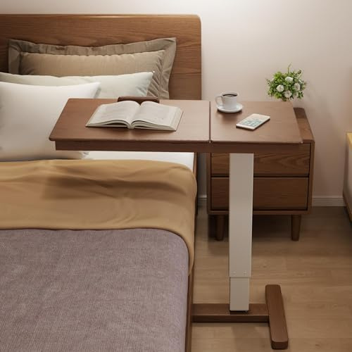YQJJGL Adjustable Overbed Table with Wheels, Solid Wood Split Top Tilting, Bedside Bed Table with Tray Rolling, for Laptop Computer Standing Desk Cart, Height 70-110cm, Walnut