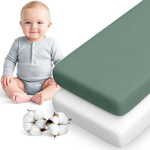 Dreamzie - 2er Set Spannbettlaken 50x83 cm Kinderwagen - Baumwolle | Salbei/Weiß · 50x83 cm · Kinderwagen, Wiege & Reisebett · Soft · Atmungsaktiv · Oeko-Tex