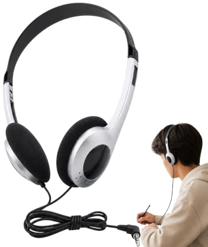 Gammaeon Auriculares retro estables, con cable, diseño vintage plateado, compatible con PC, smartphones y tabletas para la escuela y la biblioteca