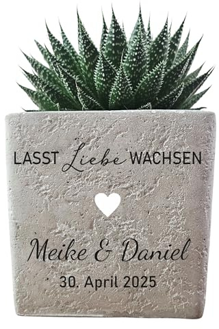 mamir home Hochzeit Geschenk für Brautpaar – Großer personalisierter Blumentopf aus Beton | Geldgeschenk Hochzeit mit Namen | Lasst Liebe wachsen (LASST Liebe WACHSEN, 13 x 13 x13 cm)