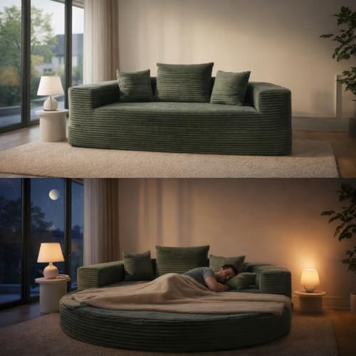 NordicLume 2-in-1 Schlafsofa Rundliege 180×180 cm, Faltbares Cordstoff Sofa Bett mit Kissen, Halbkreis Sofa zu Rundbett Ausziehbar, Boden Schlafsofa für Wohnzimmer, Balkon & Lounge (Grün)