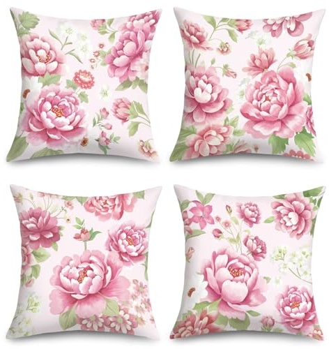 Joymaison Kissenbezüge 45x45 4er Set Frühling Sommer Rosa Pfingstrose Blume | Deko Kissenhülle Aquarellmalerei Romantische Chinesischer Pfingstrosen Grüne Dekorative Kissenbezug Kissen für Couch Sofa