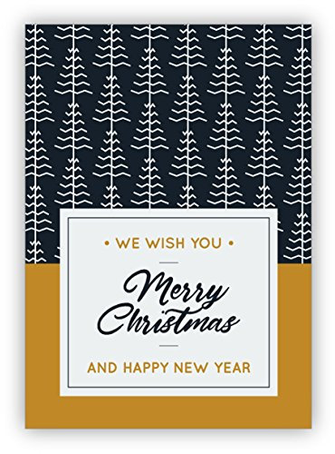Kartenkaufrausch Edle blau weiße Weihnachtskarte mit Weihnachtsbaum Muster: We wish you merry christmas and happy new year • auch direkt Versand mit Einleger • als Grusskarte zu Weihnachten