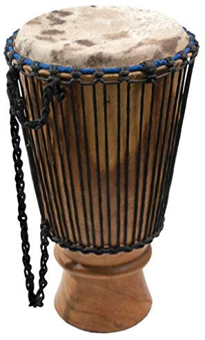 Bougarabou 55cm mit Kuhfell bespannt - im MYSEVENDO Set - Trommelbaumholz aus Afrika, bassiger Sound - ein absoluter Hörgenuss