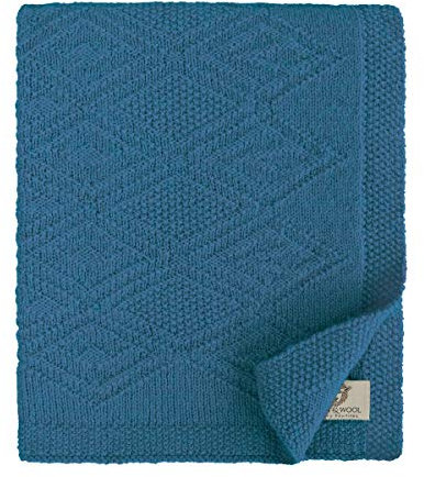 Linen & Cotton Babydecke Gestrickt Lilou Jungen Mädchen -100% Reine Neuseeland Wolle, Blau (85 x 65cm) Kuscheldecke Strick/Erstlingsdecke/Einschlagdecke Sommer Winter Kinderwagen Babyschale Babybett