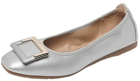 ANUFER Women's Soft Ballet Flats Square Toe Slip-On Walking Shoes Silver DX2830 UK6.5