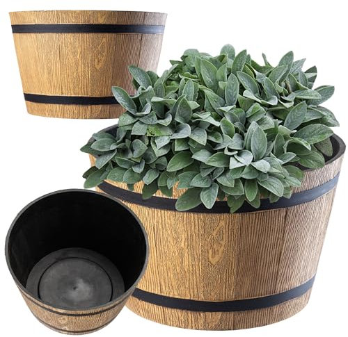 KADAX Vaso a Forma di Barile Ø 23 cm, Vaso Decorativo in Plastica per Interni ed Esterni, Aspetto Naturale del Legno (Beige)