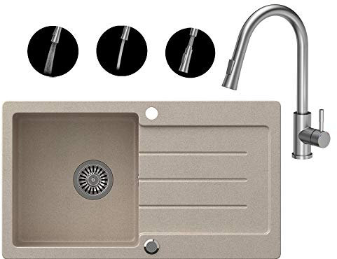 VBChome Fregadero de granito beis, 77 x 44 cm, empotrable, reversible, con sifón y sifón