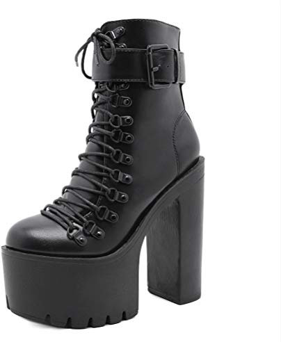 Stivali gotici Stivali da motociclista da Donna Plateau Primavera Autunno Stivali con tacco largo Stivali eleganti da festa Punta tonda Tacchi alti con lacci