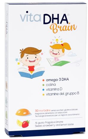 VitaDHA® Brain | Für Kinder | 250 mgOmega-3 DHA, Cholin und Vit.D und B| Für das Gehirn und das Immunsystem | Zuckerfrei | Angenehmer Erdbeer- und Zitronengeschmack | 30 Gelee