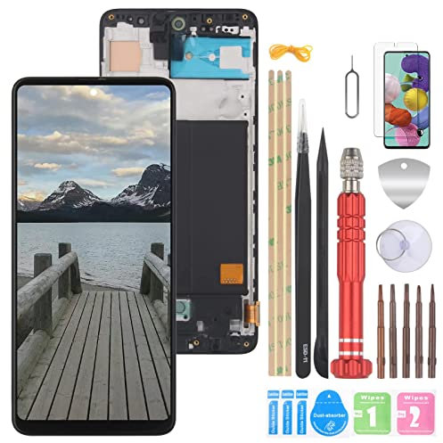 YHX-OU 6.5 Noir avec Cadre Écran Tactile pour Samsung Galaxy A51 A515F SM-A515F/DS LCD Display Touch Screen Digitizer Assemblée de Rechange avec Outils Inclus+Verre trempé