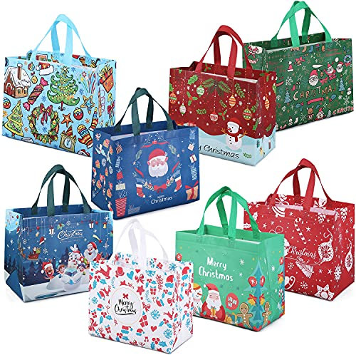 Aviski 8PCS Multifunctional Non-Woven Christmas Bags for Gifts Wrapping Shopping, Xmas Party Supplies, 32.5×25×17cm
