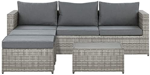 Beliani Rechtsseitiges Lounge Set Polyrattan grau 2 Ottomanen Auflagen Couchtisch Sabbia