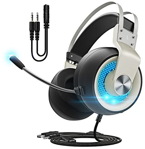 Vividtone Gaming Headset with Noise Canceling Microphone for PC PS4 Xbox One, 7.1 Surround Sound, RGB LED Light, Over-Ear Wired USB Gaming Headphones In-line Volume Control Mute
