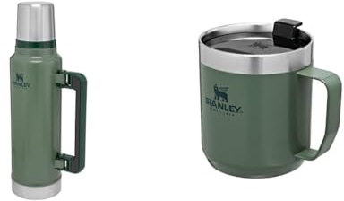 Stanley Classic Legendary Botella Termica 1.4L / 1.5QT Hammertone Green Termo Cafe Cantimplora Acero Inoxidable + Classic Legendary Camp Mug Termo Café para Llevar, Acero Inoxidable