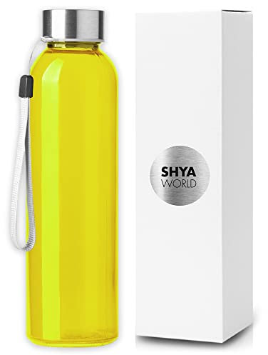 ShyaWorld Bottiglia di vetro per acqua con cordoncino 500 ml di finitura trasparente tappo di vite in acciaio inossidabile. scatole singole per bottiglia (1 unità, giallo)