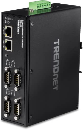 TRENDnet, TI-M42, Industrielles 4-Port-Fast-Ethernet-Modbus-Gateway, 4 x serielle DB-9-Ports, 2 x Fast-Ethernet-Ports, bis zu 100 m (328 Fuß), IP30-Gehäuse, Schutz vor extremen Temperaturen