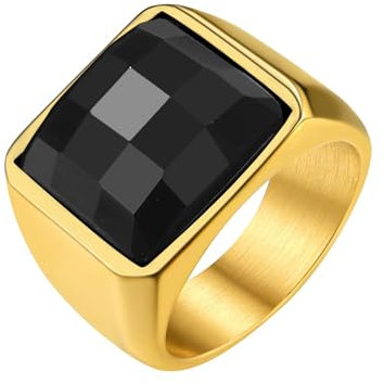 GoldChic Siegelring Herren Edelstahlring Gold Ring mit schwarzem Stein 15MM breit Eheringe 62mm Verlobungsring Zirkonia Ring Accessoires Schmuck