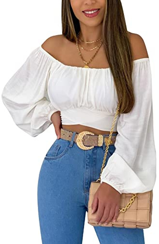 FeMereina Women's Off Shoulder Ruched Tie Back Lantern Sleeve Crop Top Summer Solid Color Tie KnotRib Blouse Ruffle ummer Shirt
