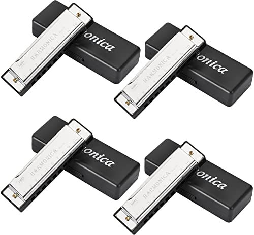 UPINS Mundharmonika, 4 Stück, C-Dur, 10 Loch, 10 Töne, Titan-Farbe, Mundharmonika mit Etui für Anfänger (Silber)