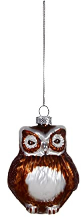 Christmas Bauble 90mm Brown Silver Glass Owl Premier G221203