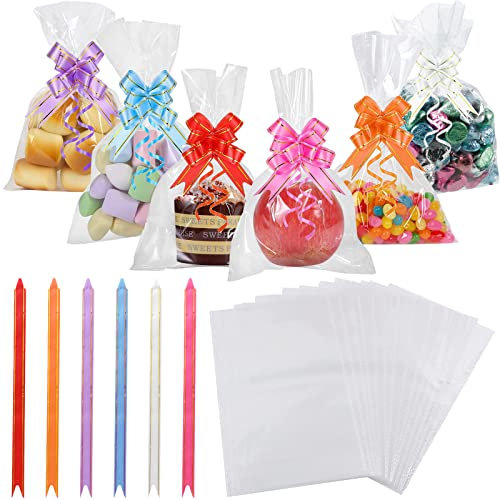 VEGCOO 60 PCS Sachet Bonbons Anniversaire,16 X 24 cm Sachet plastique Transparents pour Biscuits 60 Nœuds de Différentes Couleurs pour Emballer les Bonbons Petits Cadeaux déjà Chocolat de Noël