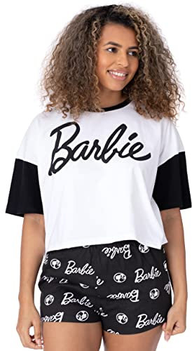 Barbie Womens Pyjama Set | Black and White Cropped T-Shirt & Shorts For Ladies | Short Sleeve Tee Elasticated Waist Shorts | Classic Logo Graphic Sleepwear | Nightwear Pyjama Merchandise for Adults