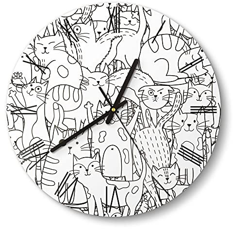 DEQORI Glasuhr | rund Ø 30 cm | Motiv Comic-Katzen | ausgefallene leise Design Uhr aus Glas | Wanduhr für Wohnzimmer & Küche | Moderne Hingucker Uhr für die Wand