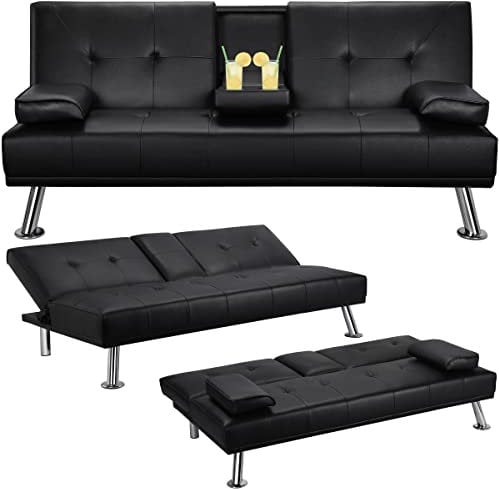 Yaheetech Modern Faux Leather Sofa Bed With Cup Holders 3 Seater Sofa Couch Living Room Guest Room Bedroom Black