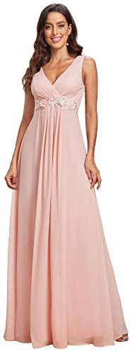 Ever-Pretty Robe Mariage Invitée Femme Longue Plis de Fleurs Décolleté en V sans Manches A Line Chic Rose Clair 44
