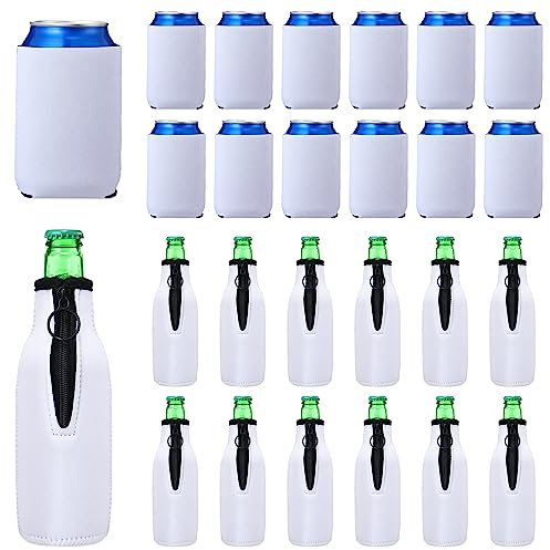 24 Pack Sublimation Blank Beer Bottle Insulator Sleeve Can Cooler Sleeves Cooler Covers with Zip up Bottle Jackets Insulated Soda Can Water Bottles Coolers for DIY Summer Pool Beach Party Favors White