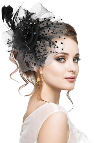 Anseom Damen Braut Feder Fascinator, Hair Clip Hairpin Haarband Blumen Netz Kopfschmuck Feder Haarschmuck Garn Braut Haarschmuck für Party Kirche Hochzeit Cocktail (Schwarz)