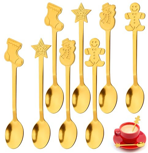 8 Stück Weihnachtslöffel Set, Edelstahl Teelöffel, Weihnachten Style Kaffeelöffel, Kleine Dessertlöffel für Kaffee, Tee, Dessert, Eiscreme Party Tischdekorationen (Gold)
