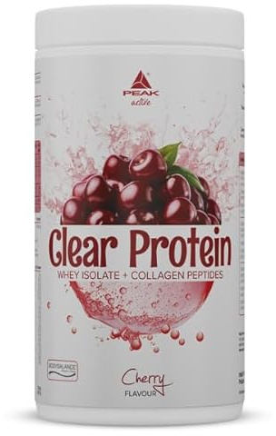 PEAK Clear Protein - 450g Geschmack Cherry I 15 Portionen I klares Whey Protein Isolat + bioaktive Kollagenpeptide I BODYBALANCE I fruchtiger, erfrischender Geschmack I zuckerfrei