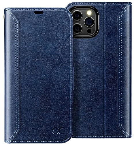 OCASE Retro Hülle für iPhone 15 Pro Max Handyhülle Tasche PU Leder Flip Cover Brieftasche Etui RFID Schutzhülle Klapphülle Lederhülle Kompatibel für iPhone 15 Pro Max Blau 6,7 Zoll