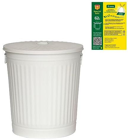 Jinfa 1 Seau métallique revêtu par poudre avec poignées et couvercle au design rétro + 5 sacs poubelle | Crème Blanc | Ø 44 cm | Capacité 62L