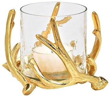 Windlicht Geweih Gold aus Metall Teelichtglas Kerzenhalter Weihnachten