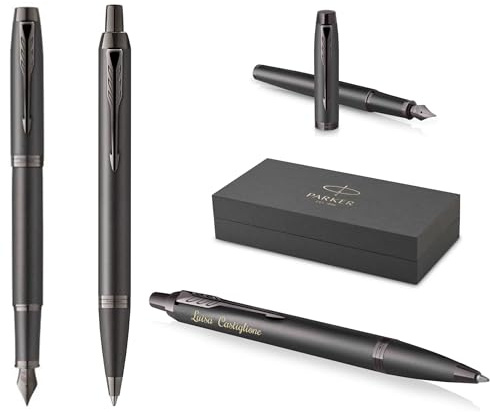 PARKER Schreibset IM Professionals Monochrome Kugelschreiber und Füllfederhalter mit Gravur | Premium Stift | Geschenkbox | blaue Pantrone | personalisiert | Geburtstag (Bronze)