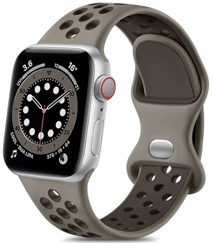 Epova Respirant Bracelet Compatible avec Apple Watch 38mm 40mm 41mm, Silicone de Remplacement Sport Bracelet Compatible avec iWatch SE Series 9 8 7 6 5 4 3 2 1,Olive café/Gris, Petit