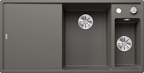 BLANCO AXIA III 6 S | Granitspüle aus SILGRANIT vulkangrau | Einbauart: Einbau von Oben | Hauptbecken rechts | mit Holzschneidbrett | für 60 cm breite Unterschränke | Verschiebbares Schneidbrett