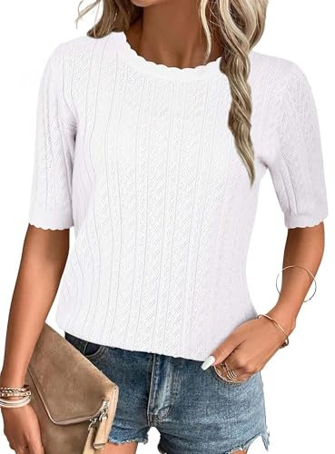 Arach&Cloz Jumpers for Women UK Short Sleeve Summer Tops Casual Blouse Shirt Knitted Sweater Fall Winter Basic Top White