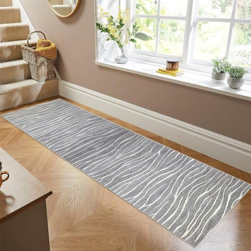 Siunwdiy Teppich Läufer Flur Küche rutschfest Waschbar Grauer Küchenläufer Lang Gestreifter Korridor -Teppichläufer Flurteppich Küchenteppich Meterware Anpassbar,Grayb,40x100cm