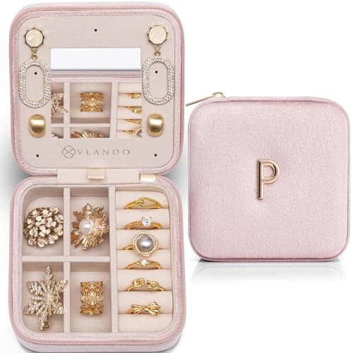Vlando Schmuckkästchen Reise, Schmuckkästchen klein für Damen, Personalisiert Schmuck Organizer Samt von A bis Z, Personalisierte Geschenke, Schmuckaufbewahrung Reise mit Spiegel, Geschenk für Frauen