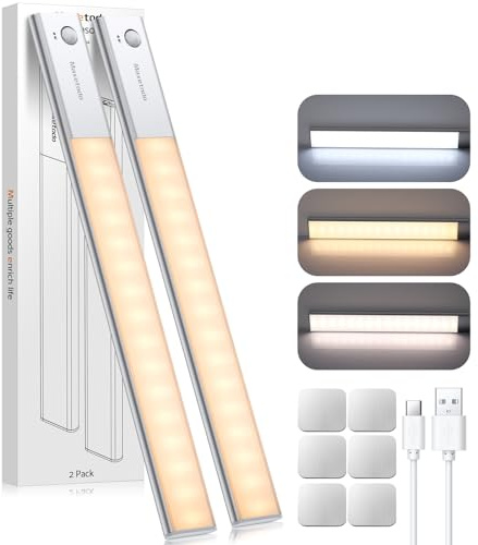 Maxetodo 2x Unterbauleuchte Küche 64 LED Küchenunterbauleuchte Schrankbeleuchtung Schrankleuchte mit Bewegungsmelder Innen 3 Farbtemperaturen Typ-C wiederaufladbar für Schränke Kleiderschrank Treppen