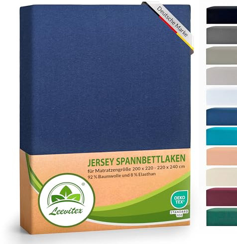 leevitex® Luxus Elasthan Jersey Spannbettlaken | 200x220 – 220x240 cm | Multistretch | 250 g/m² | 92% Mako-Baumwolle und 8% Elasthan | 40cm Steghöhe | außergewöhnlich hochwertige Ausführung | Navy