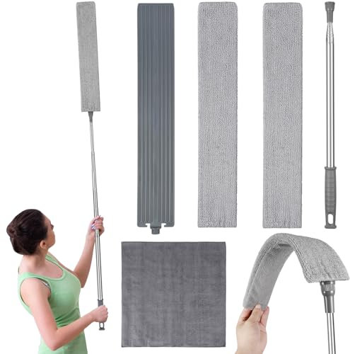 Spolverino Telescopico Spolverino per Polvere Allungabile 0.8-2,8m, Spolverino Telescopico Ultra Sottile per La Pulizia del Divano Letto, Auto, Angoli e Mobili con Manico in Acciaio Inox