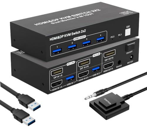 DisplayPort USB 3.0 + HDMI KVM Switch Dual Monitor 2x2, BolAAzuL 4K@60Hz KVM Switch 2 PC 2 monitor con 4 USB 3.0, KVM Switch DP 1.4 + HDMI 2.0 per 2 PC parti mouse, tastiera e monitor